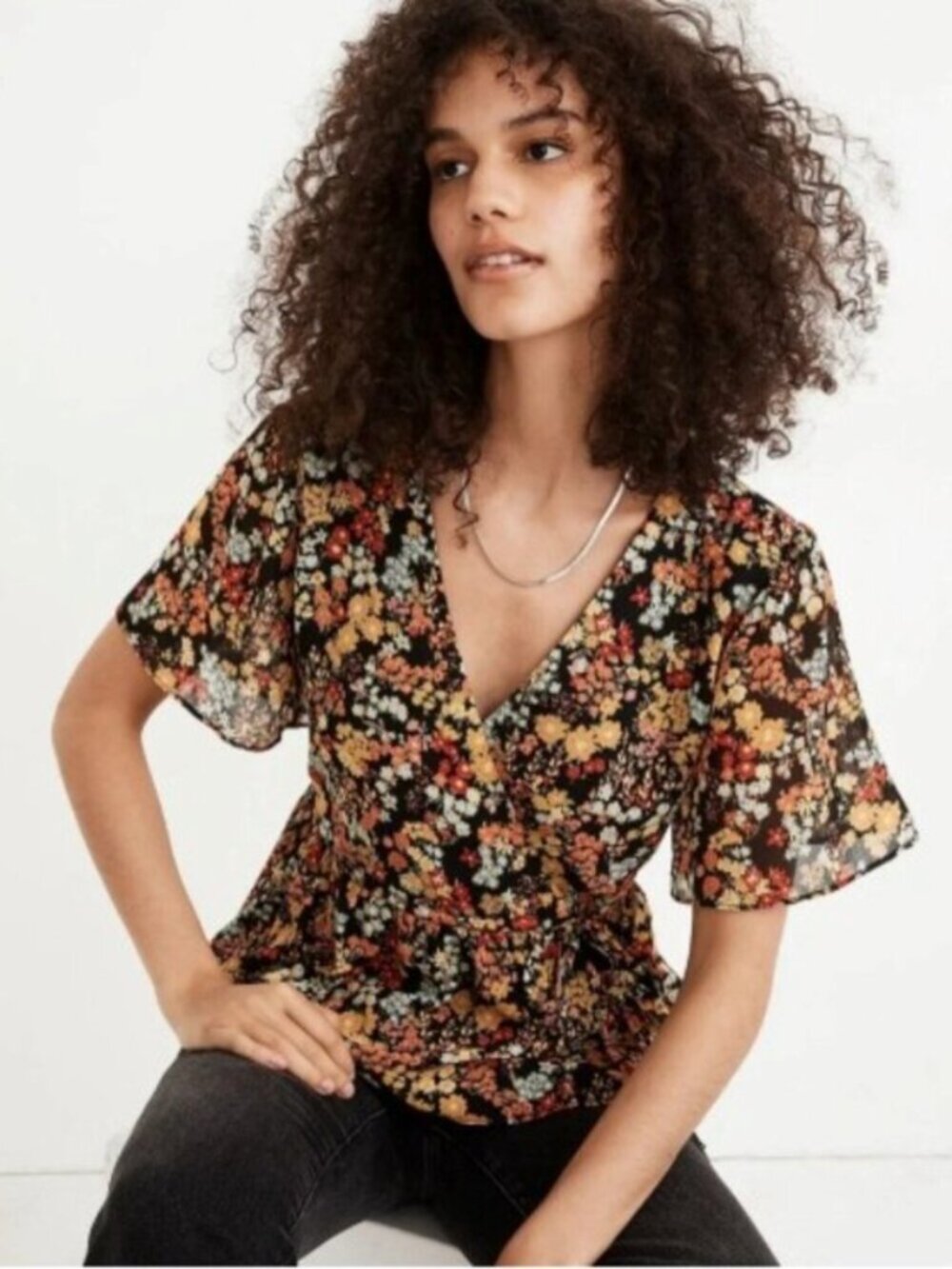 Madewell Black Floral Faux Wrap Peplum Top XXS